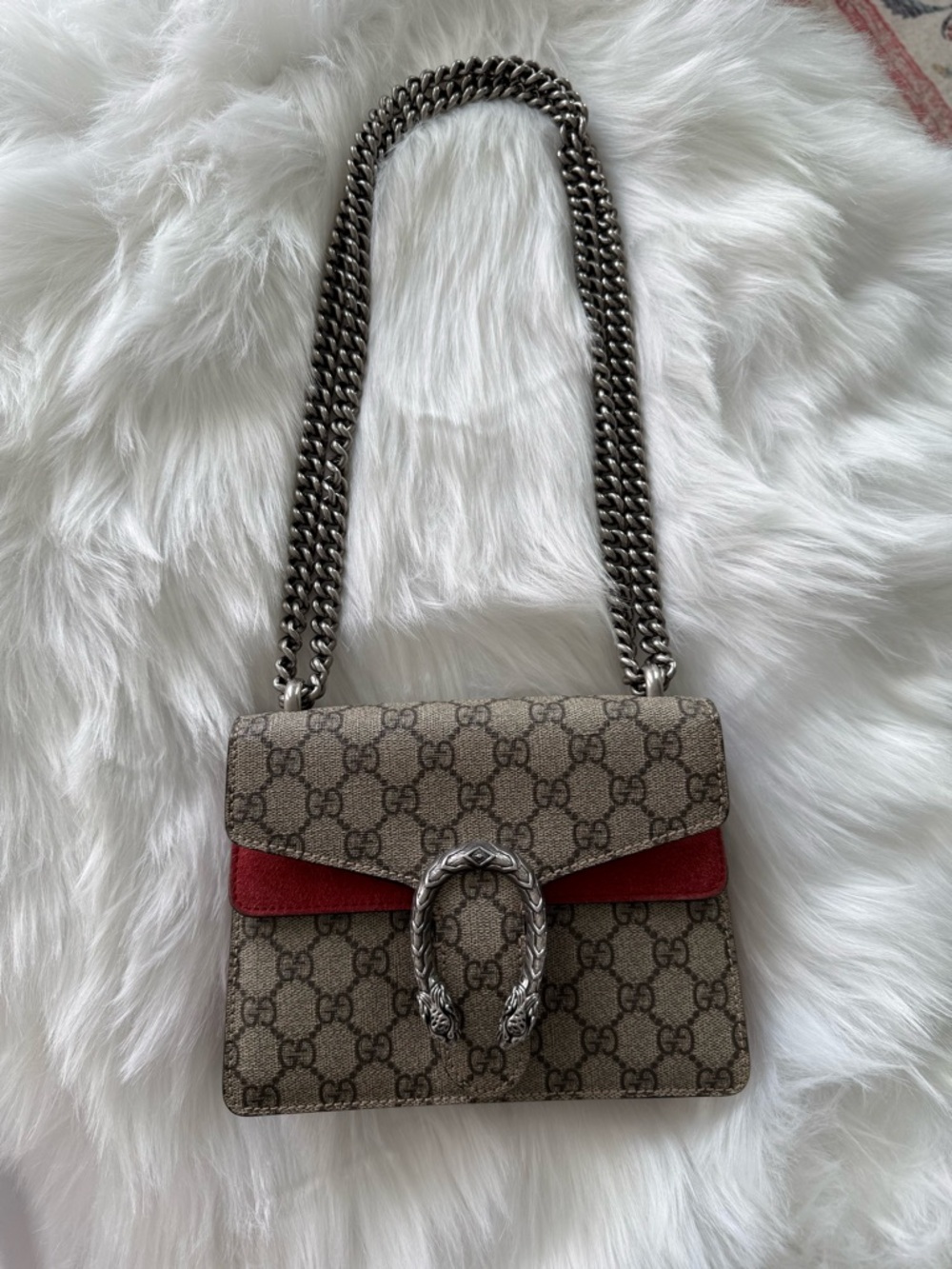 Gucci: GG Canvas and Red Suede Mini Dionysus Shoulder Bag AUTHENTIC